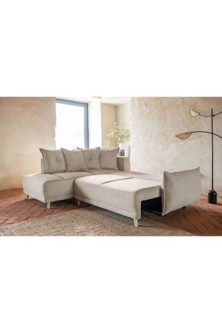 Canapé d’angle gauche convertible Lazy - Beige - 6 places - En velours côtelé