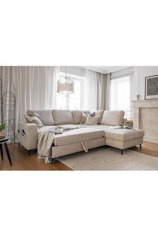 Canapé d’angle droit convertible Lofty Lilly - Beige - 6 places - En velours côtelé  toucher velours