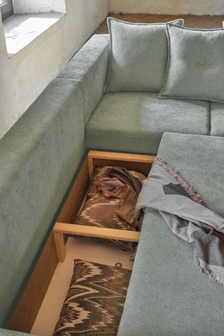 Canapé d'angle droit convertible Lazy Lukka - Vert clair - 6 places - En tissu velours