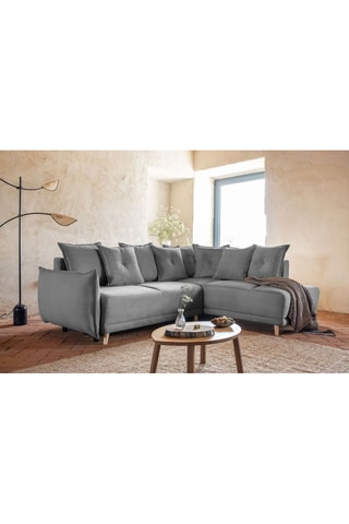 Canapé d'angle droit convertible Lazy Lukka - Gris - 6 places - En tissu velours