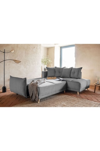 Canapé d'angle droit convertible Lazy Lukka - Gris - 6 places - En tissu velours