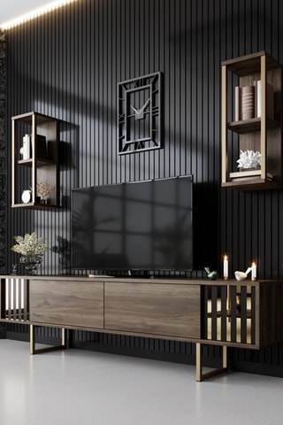 Meuble TV 2 abattants et 2 étagères murales 2 niveaux Gold Line   - 180 x 48 x 30 / 2 étagères de 22 x 60 x 21 cm