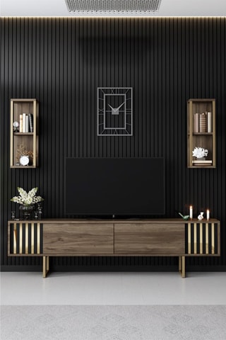 Meuble TV 2 abattants et 2 étagères murales 2 niveaux Gold Line   - 180 x 48 x 30 / 2 étagères de 22 x 60 x 21 cm