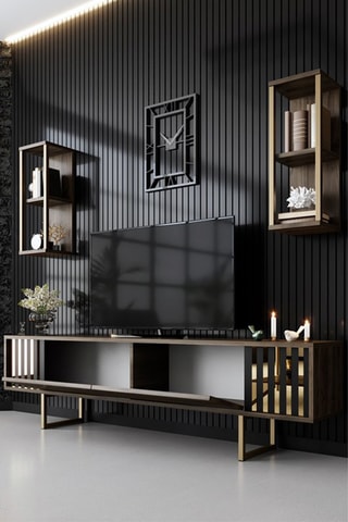 Meuble TV 2 abattants et 2 étagères murales 2 niveaux Gold Line   - 180 x 48 x 30 / 2 étagères de 22 x 60 x 21 cm