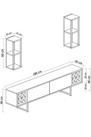 Meuble TV 2 abattants et 2 étagères murales 2 niveaux Gold Line   - 180 x 48 x 30 / 2 étagères de 22 x 60 x 21 cm