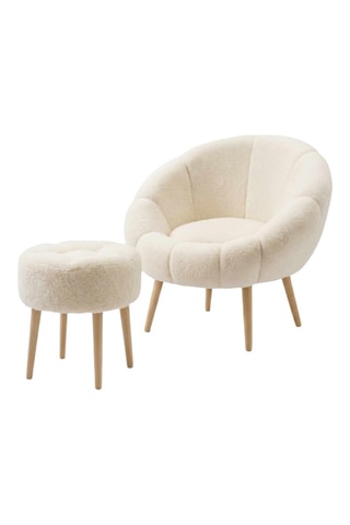 Fauteuil et pouf Lida - Crème - En tissu bouclette