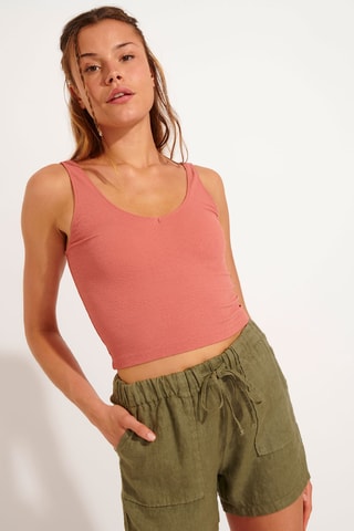 Short de plage en lin taille haute Hawston - Kaki