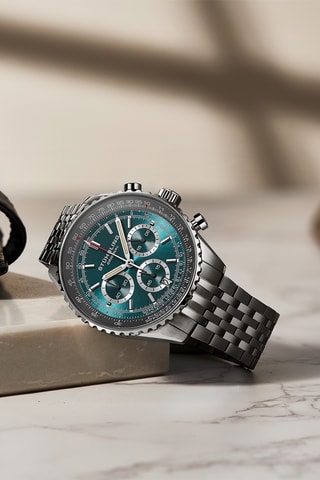 Montre à quartz en acier Monaco - Chronographe - Argenté, noir et turquoise