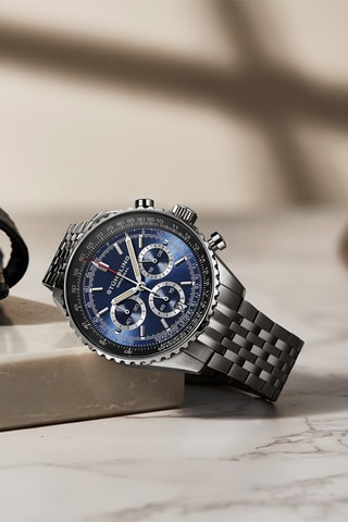 Montre à quartz en acier Monaco - Chronographe - Argenté, noir et bleu