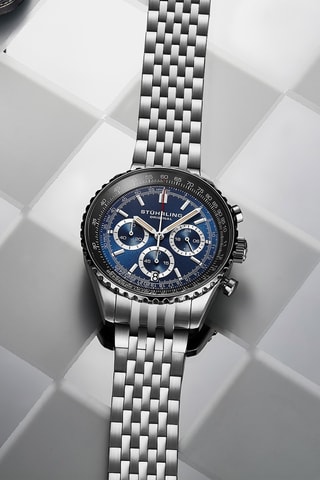 Montre à quartz en acier Monaco - Chronographe - Argenté, noir et bleu