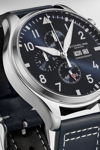 Montre à quartz en cuir - Chronographe - Bleu et argenté