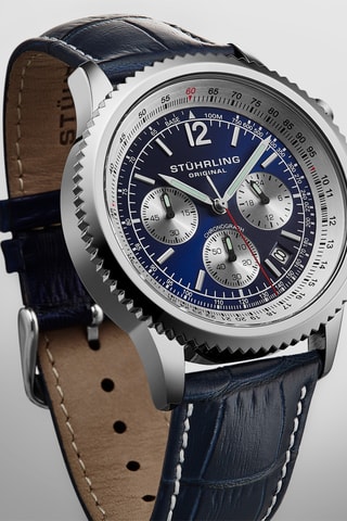 Montre à quartz en cuir Monaco - Chronographe - Bleu foncé et argenté
