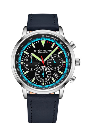 Montre à quartz en cuir Monaco - Tachymètre et chronographe - Bleu foncé et argenté