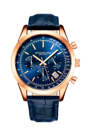 Montre à quartz en cuir Monaco - Chronographe et tachymètre - Bleu marine et doré rose