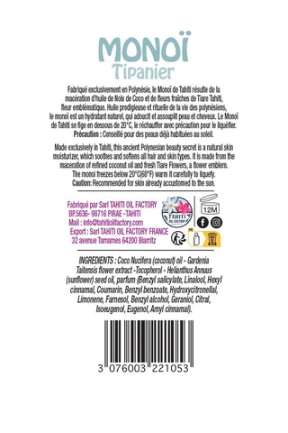 Aceite hidratante Monoï Franchipán Monoï de Tahití - 120 ml