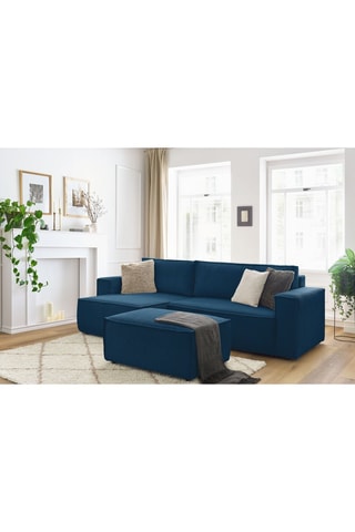 Canapé d'angle et pouf Nihad - Bleu - 3 places - Tissu velours