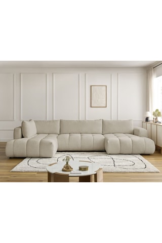Canapé panoramique d'angle droit convertible Fuji - Beige - 5 places - En tissu bouclette