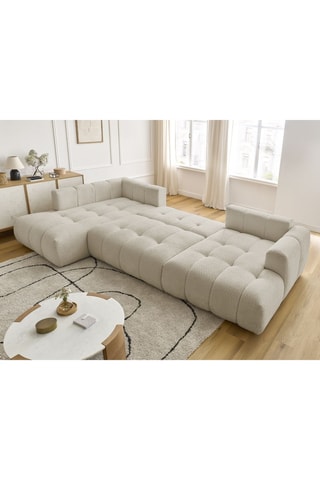 Canapé panoramique d'angle droit convertible Fuji - Beige - 5 places - En tissu bouclette