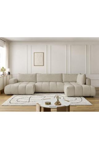 Canapé panoramique d'angle gauche convertible Fuji - Beige - 5 places - En tissu bouclette