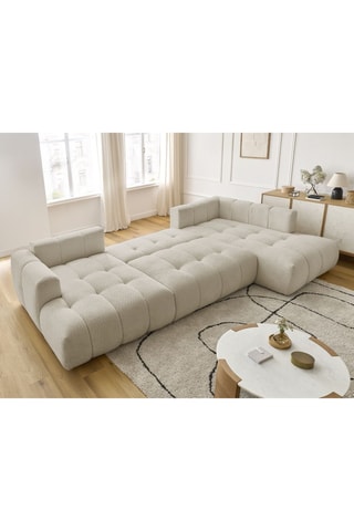 Canapé panoramique d'angle gauche convertible Fuji - Beige - 5 places - En tissu bouclette