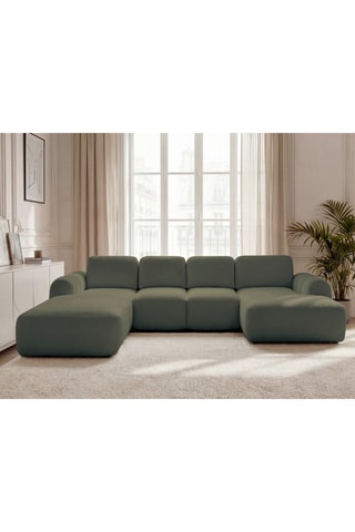 Canapé d'angle panoramique droit convertible - Vert olive - En tissu bouclette 