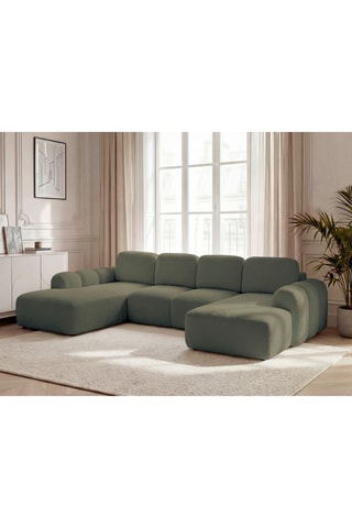 Canapé d'angle panoramique droit convertible - Vert olive - En tissu bouclette 