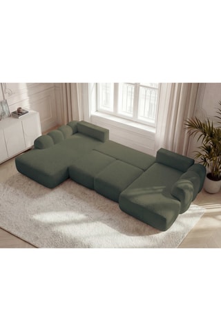 Canapé d'angle panoramique droit convertible - Vert olive - En tissu bouclette 