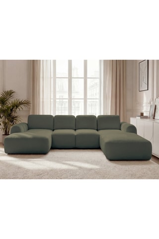 Canapé d'angle panoramique gauche convertible - Vert olive - En tissu bouclette