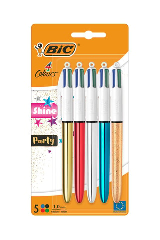 5 Balpennen 4 Kleuren Shine en Party - 4 Inktkleuren
