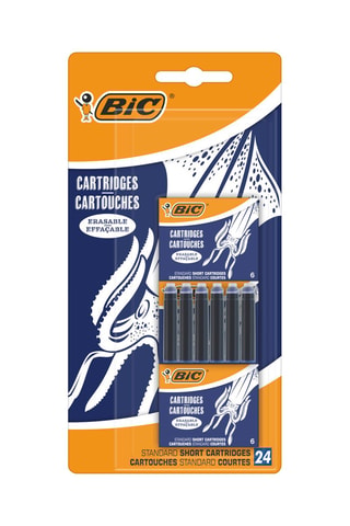 BIC Korte standaard inktpatronen voor vulpennen - Blauw uitwisbaar, Blisterverpakking van 24
