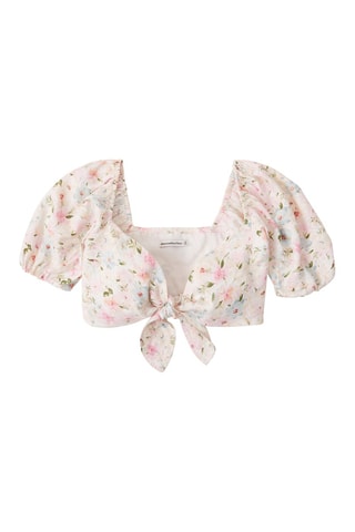 Crop top noué en lin - Blanc et rose