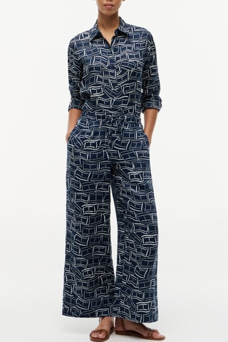 Pantalon relaxed wide legs en lin - Bleu marine et blanc