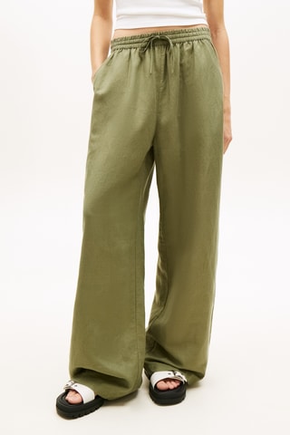 Pantalon loose en lin taille haute - Vert olive