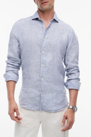 Chemise slim en lin - Bleu marine et écru