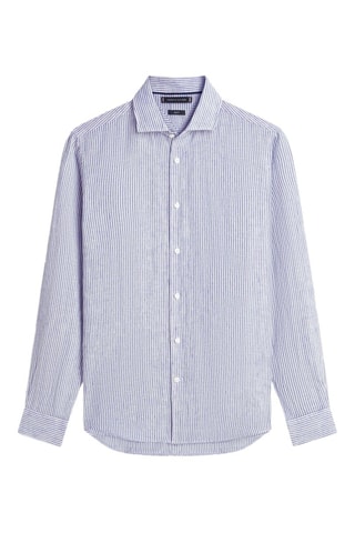 Chemise slim en lin - Bleu marine et écru