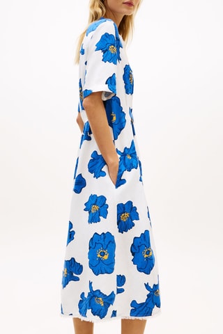 Robe chemise en lin - Blanc et bleu cobalt