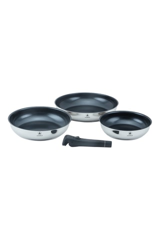 3 sartenes de acero inoxidable 202 y revestimiento antiadherente Greblon® CK2 y mango extraíble - 20/24/28 cm - 1,25/1,8/2,5 l