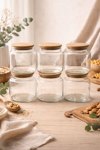 6 recipientes de cristal con tapas de bambú - 63 cl