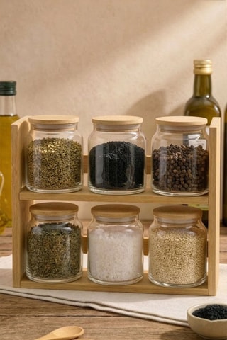 6 recipientes para especias de cristal con tapas de bambú - 7 piezas - 63 cl