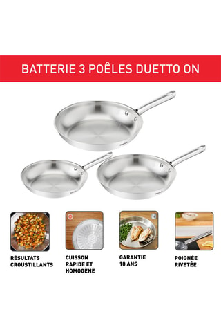 3 poêles en acier inoxydable Duetto On - 20/24/28 cm