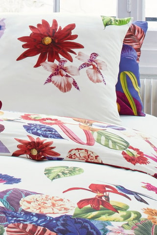 Katoensatijnen Overtrekset 80 Draad/cm² Jardin Tropical - Wit en Rood