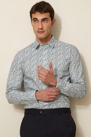 Camisa slim fit - Azul cobalto y crudo