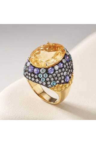 Anello - Argento placcato oro giallo, citrino, topazi e tanzaniti