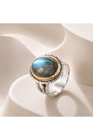 Anello - Argento, argento placcato oro giallo e labradorite