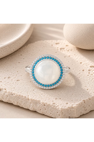 Anello - Argento, pietra di luna rainbow e turchesi
