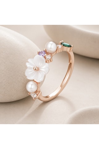 Anello - Argento placcato oro rosa, madreperla e perla coltivata