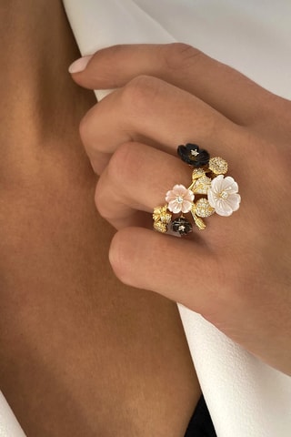 Anello - Argento placcato oro giallo, madreperla e perle coltivate