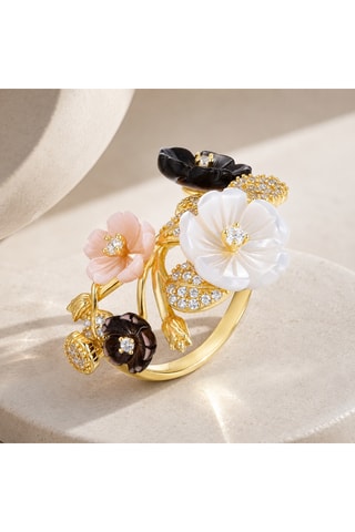 Anello - Argento placcato oro giallo, madreperla e perle coltivate