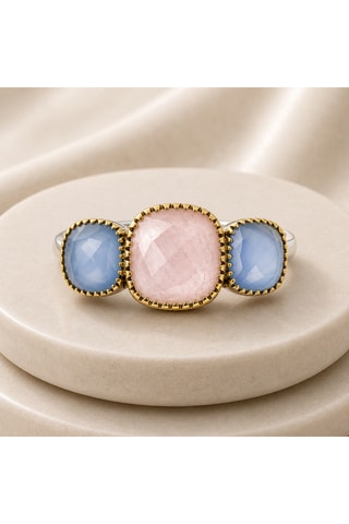 Anello - Argento, argento placcato oro giallo, quarzo rosa e calcedonio