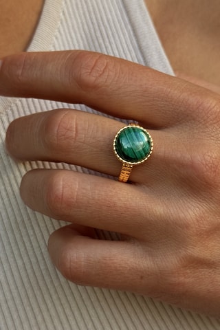 Anello - Argento placcato oro giallo e malachite